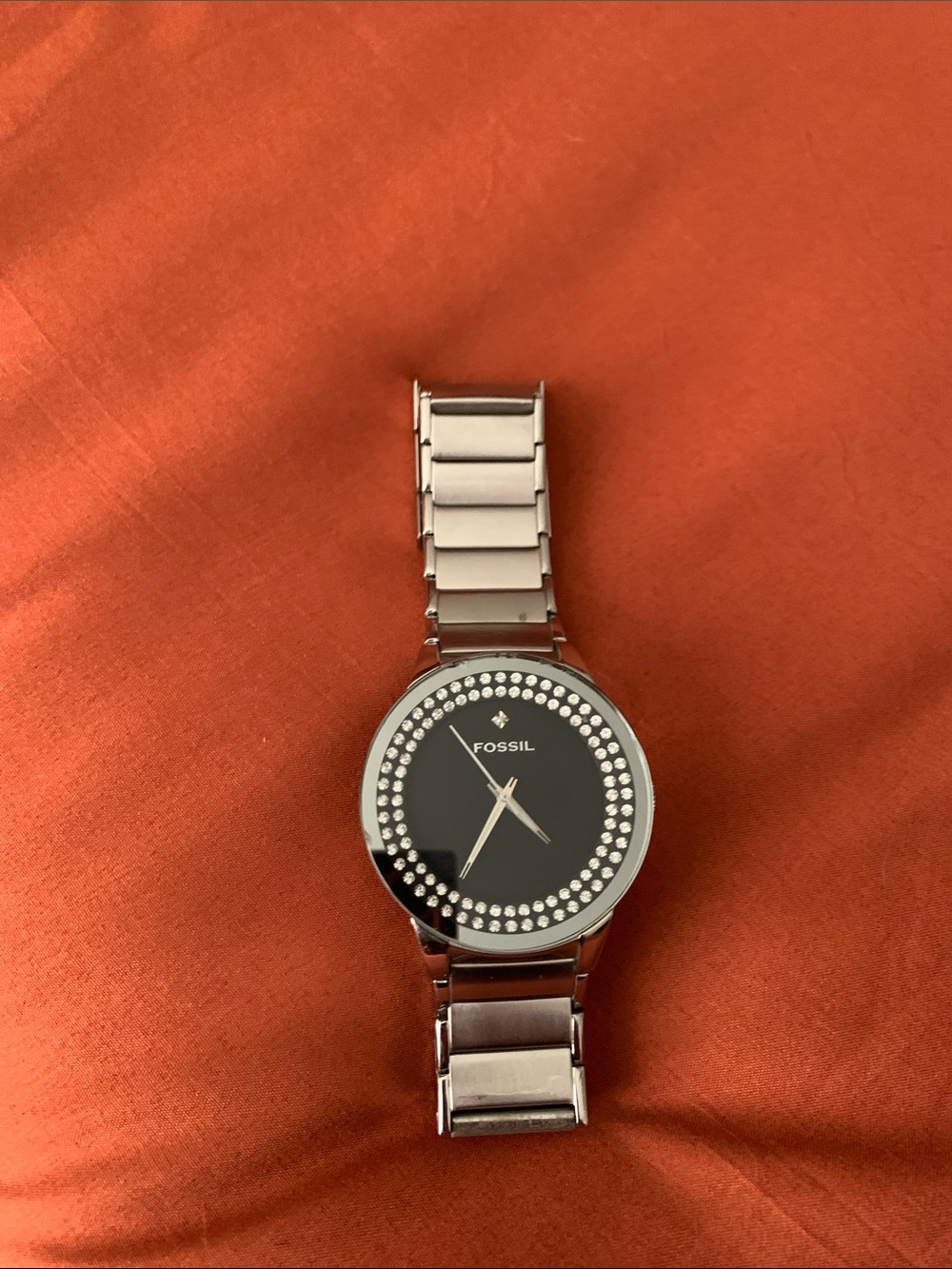 Silver Watch with Black Dial and Crystal Halo